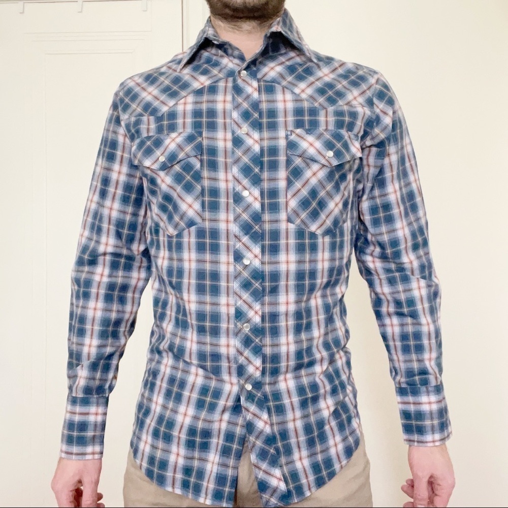 Wrangler Western Slim Snap Button Shirt Navy Men’s Size Small